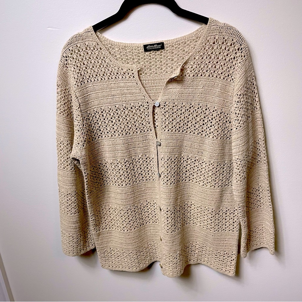 Eddie Bauer Vintage 90s Hand Crocheted Linen Blend Cardigan - Size Medium